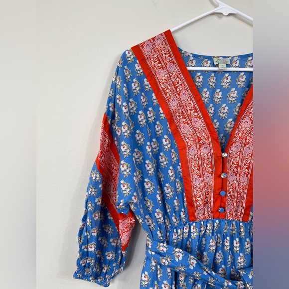 J. Crew V-Neck Cover-Up in Classic Block Blue and Red Floral Maxi Dress Vintage - Picture 3 of 16